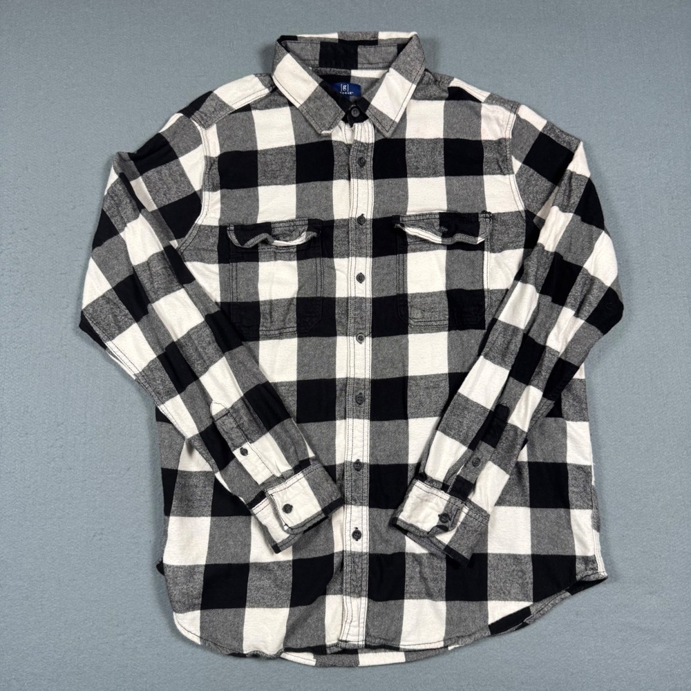 George Flannel Shirt Mens XLT Black White Buffalo Plaid Long Sleeve Button Up